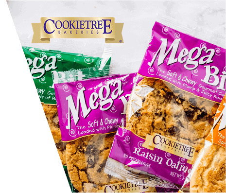 Four packages of various flavored Cookietree Bakeries Mega Bites gourmet cookies