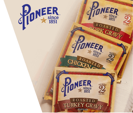 The Pioneer Since 1851 corporate logo and three Pioneer gravy mix packages