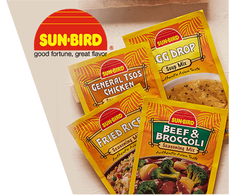 Photo of various Sun Bird Asian seasoning packages alongside the Sun Bird corporate logo