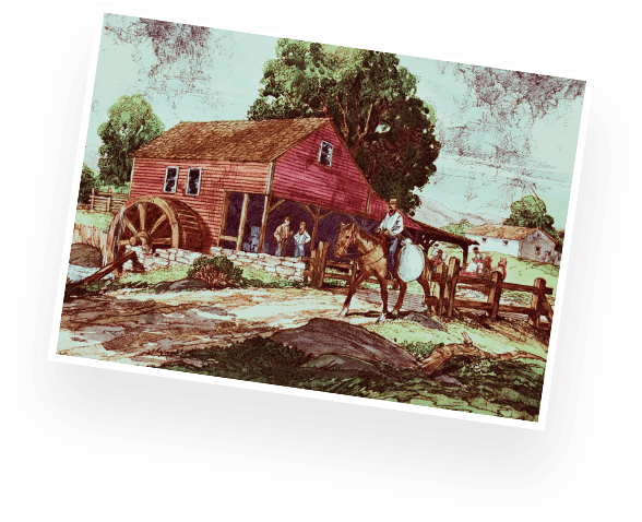 historical illustration of a man on a horse by an old water-powered flour mill