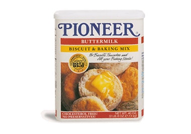 A historical photo of the Pioneer brand Buttermilk Biscuit and Baking mix packaging from the mid 90s.